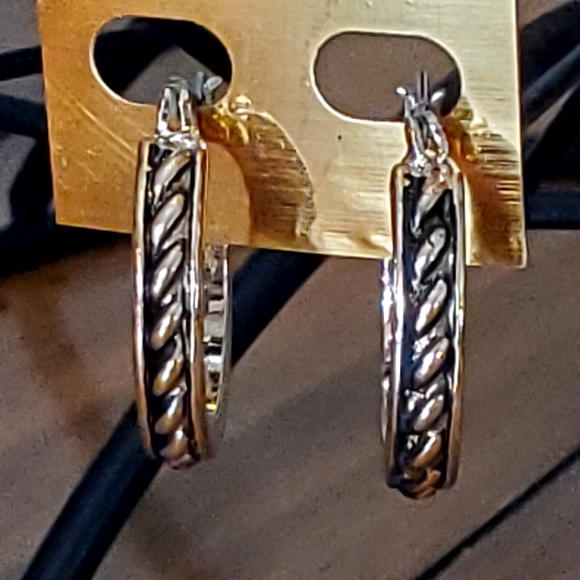 Black & Gold Embossed Hoop Earrings - Picture 2 of 6